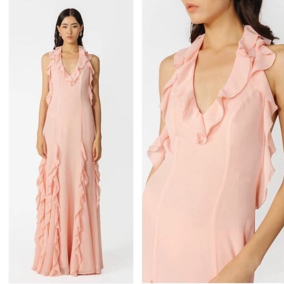 SAU LEE Fiona Ruffle Halter Neck Baby Pink Maxi Dress Size 0 - Picture 1 of 16